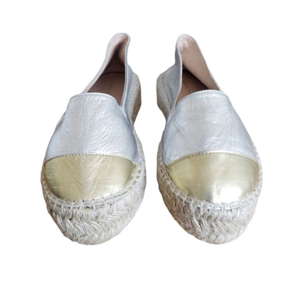 Pure Navy Made In Spain Ladies Gold Silver Leather Espadrille Women's Size 6